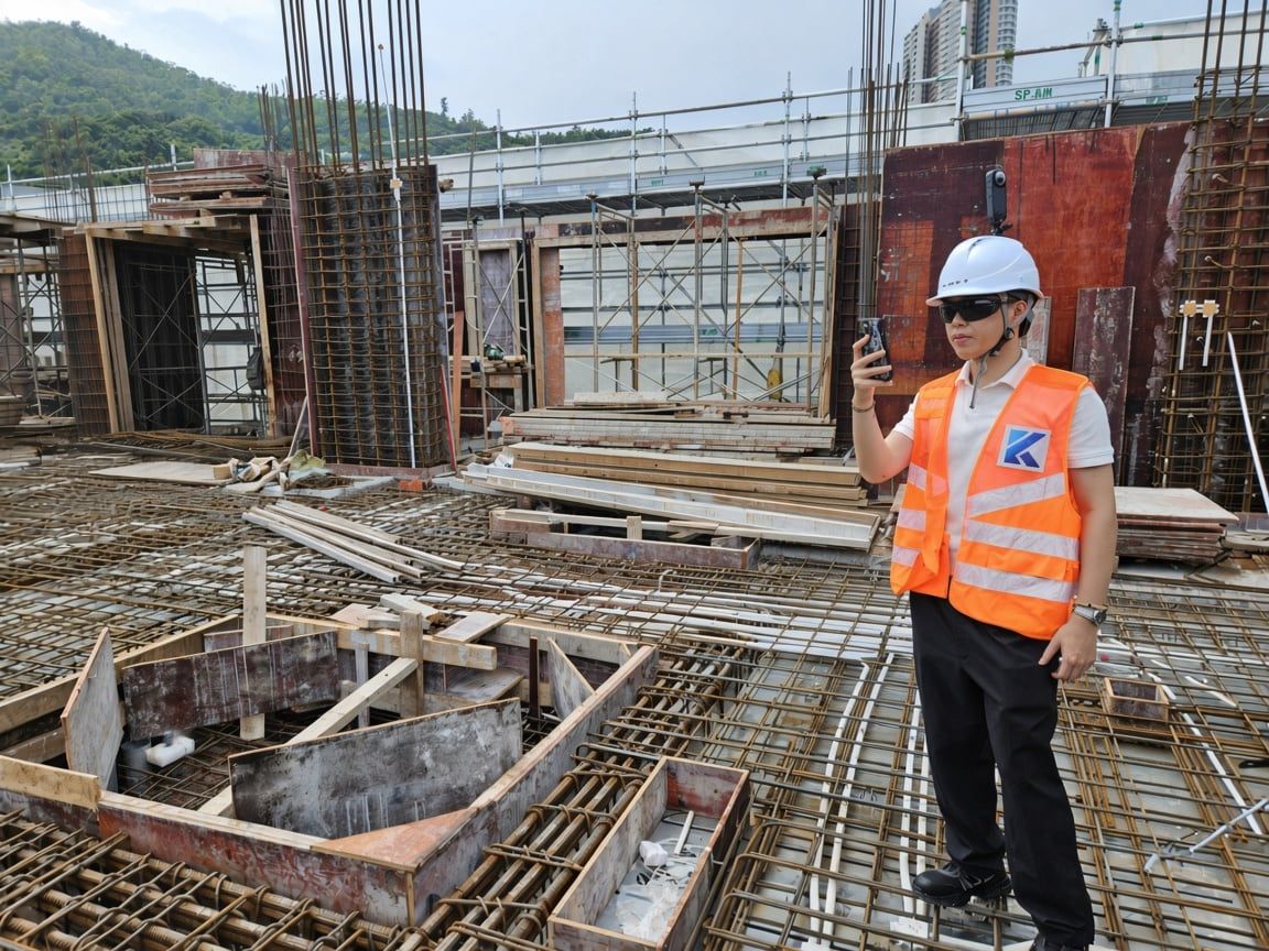 A Kodifly engineer in safety glasses, hard hat and high-visibility vest films a reinforcement slab with rebar mesh, conduits and formwork before the concrete pour
