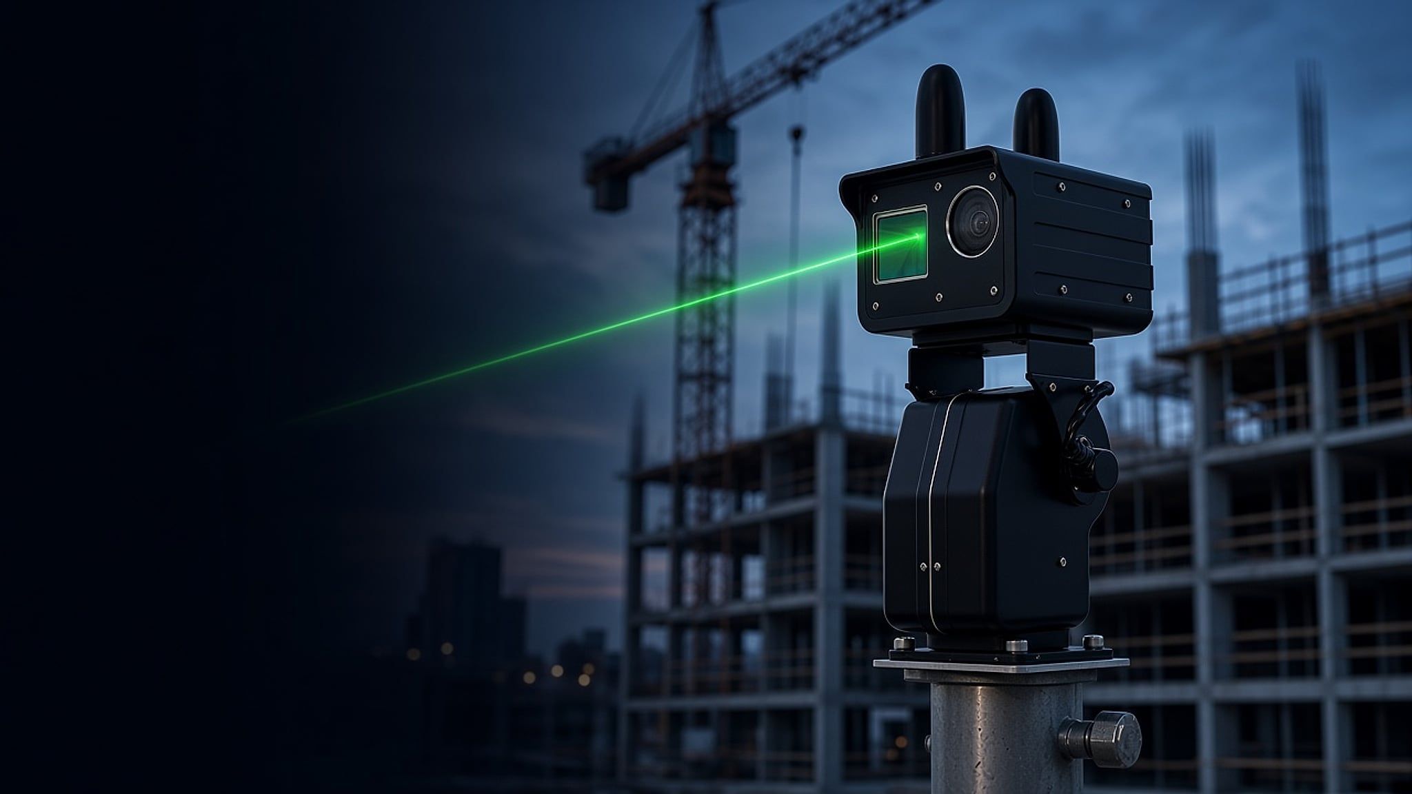 A ScanStation mounted on a pole beside a high-rise under construction at dusk, with a green laser line scanning the building